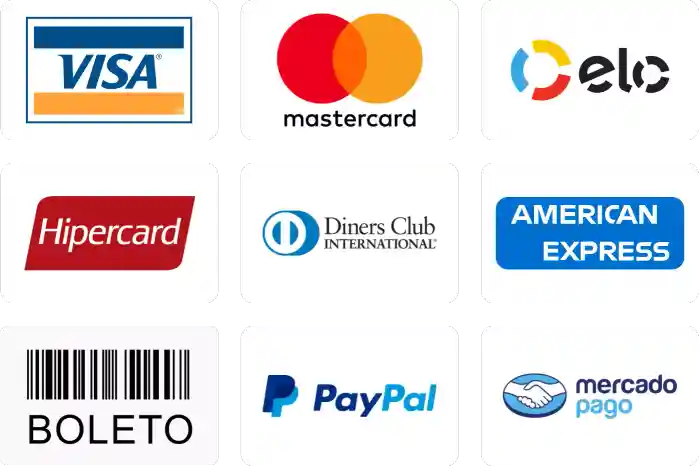 Formas de pagamentos que aceitamos: Boleto, pix, visa, elo, mastercard, hipercard, diners club, american express, paypal, mercado pago